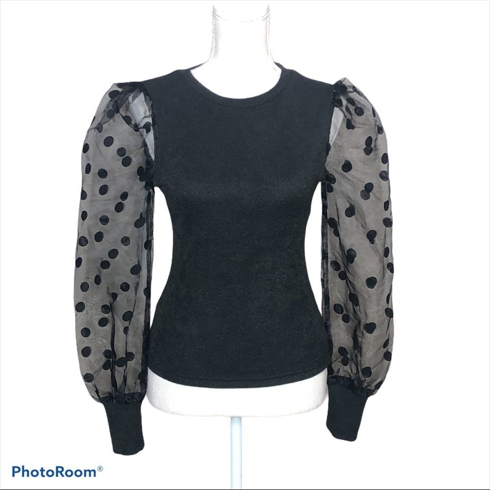 SHEIN Sheer Mesh Sleeve Rib-knit Top
